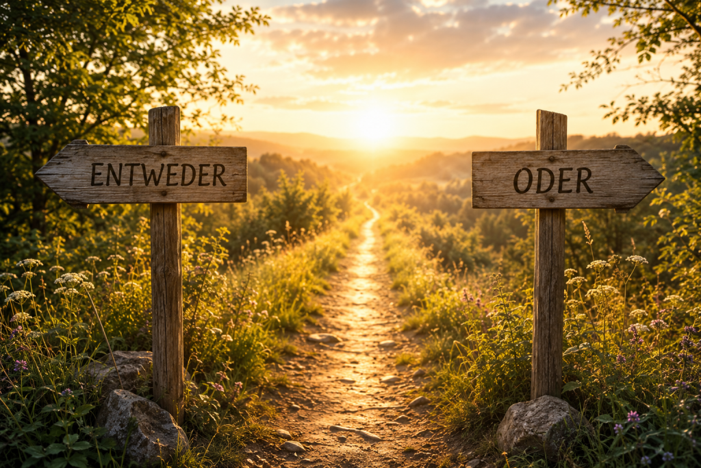 Zwei hölzerne Wegweiser mit den Worten „Entweder“ und „Oder“ an einem Weg in einer Landschaft im Abendlicht.