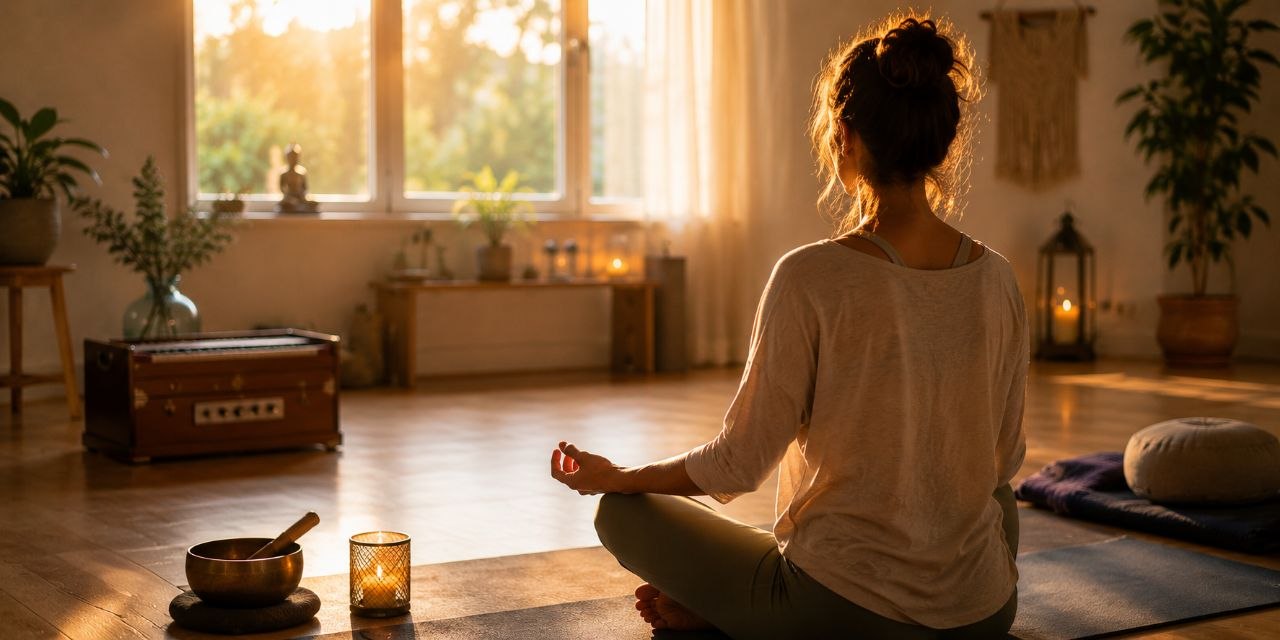 Frau sitzt nach der Yogapraxis in Meditation in einem warmen, ruhigen Raum