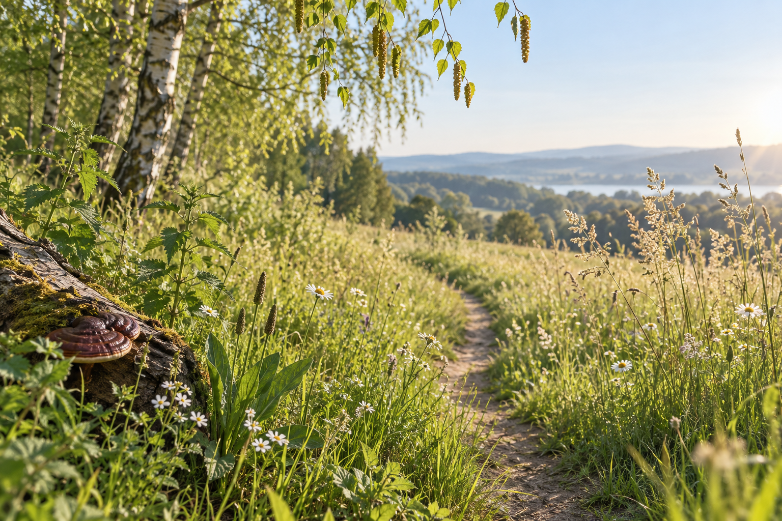 Sonnige Frühlingslandschaft mit Birken, Heilpflanzen und einem Reishi als Symbol für eine naturheilkundliche Begleitung bei Heuschnupfen