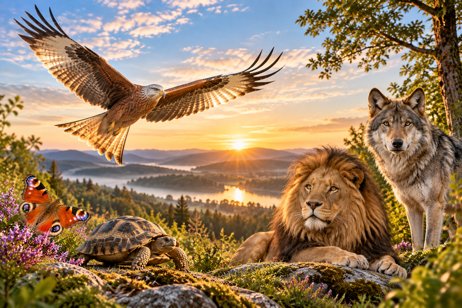 Schamanische Krafttiere mit Rotmilan, Löwe, Wolf, Schildkröte und Schmetterling
