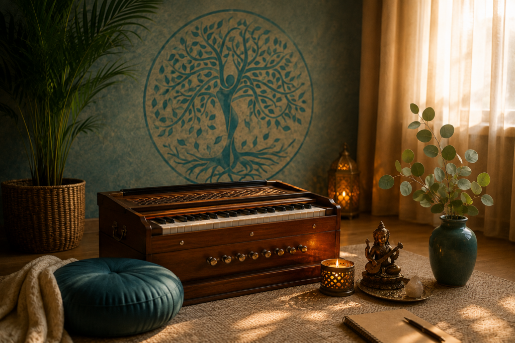Meditations- und Yogaraum Seelenoase mit petrolfarbenem Lebensbaum an der Wand.
